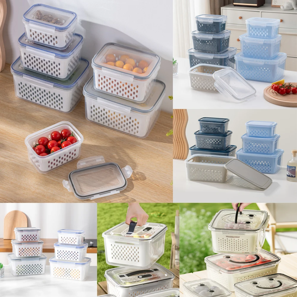 Refrigerator Preservation Storage Box Drain Basket Storage Containers Sealed Box Vegetable and Fruit Food Grade Drain Box