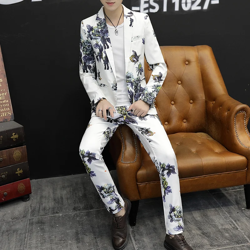 

2023-Boutique (Blazer+ Pants) Men's Fashion Business Casual Korean Gentleman Print Wedding Elegant British Style 2-piece Suit