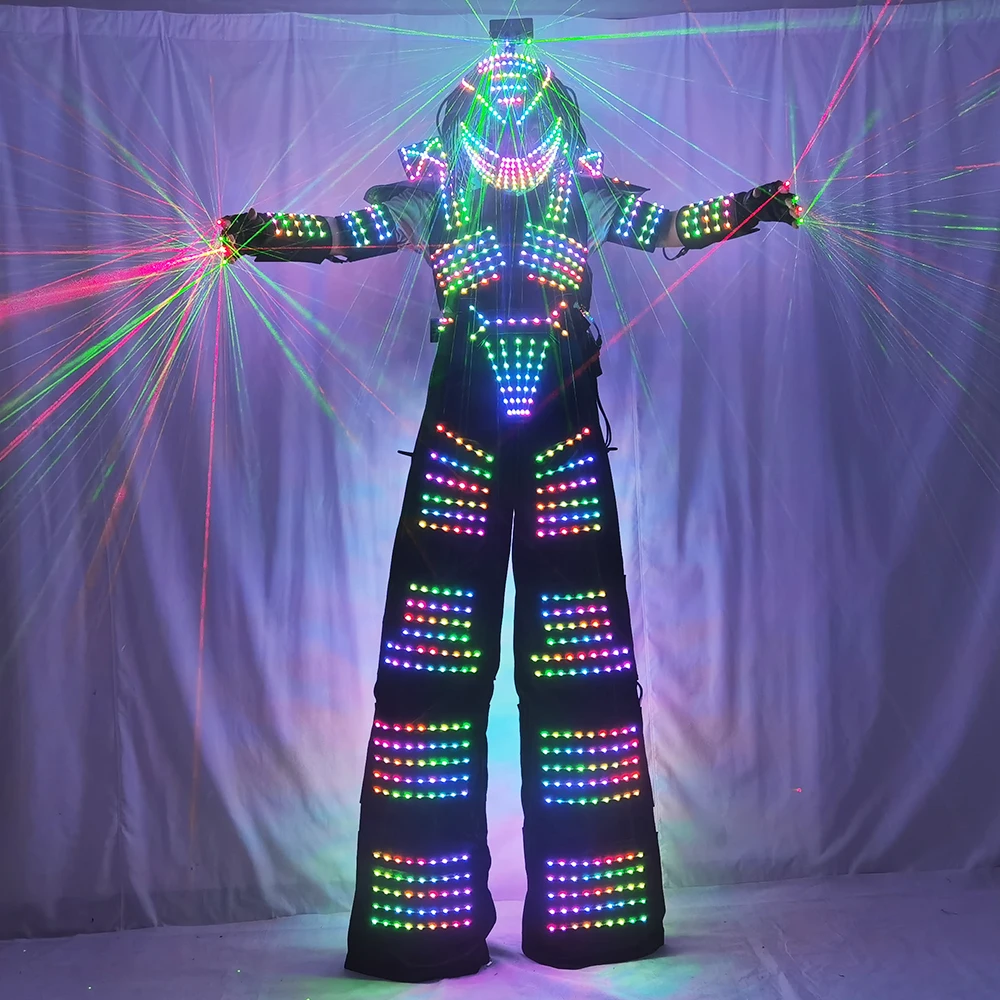 LED Robot Costume Traje LED Suit Dress Clothes Stilt Walking Luminous Jacket With Laser Gloves Predator Lighted Helmet