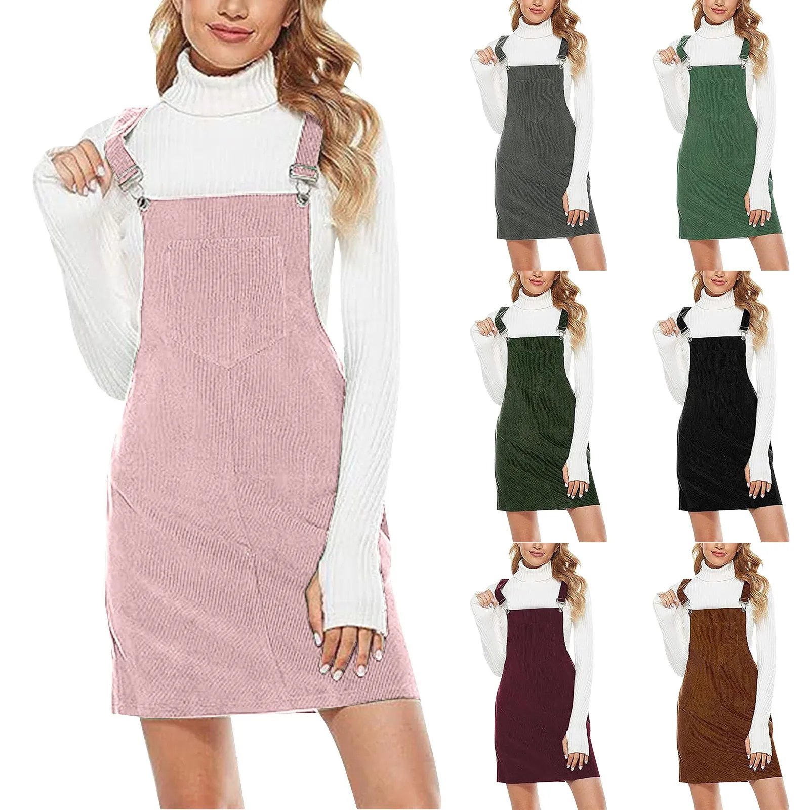 Women's Sleeveless Corduroy Bib Overall Mini Dress A Line Cute Jumper Dress &Pockets For Teenager Adjustable Shoulder