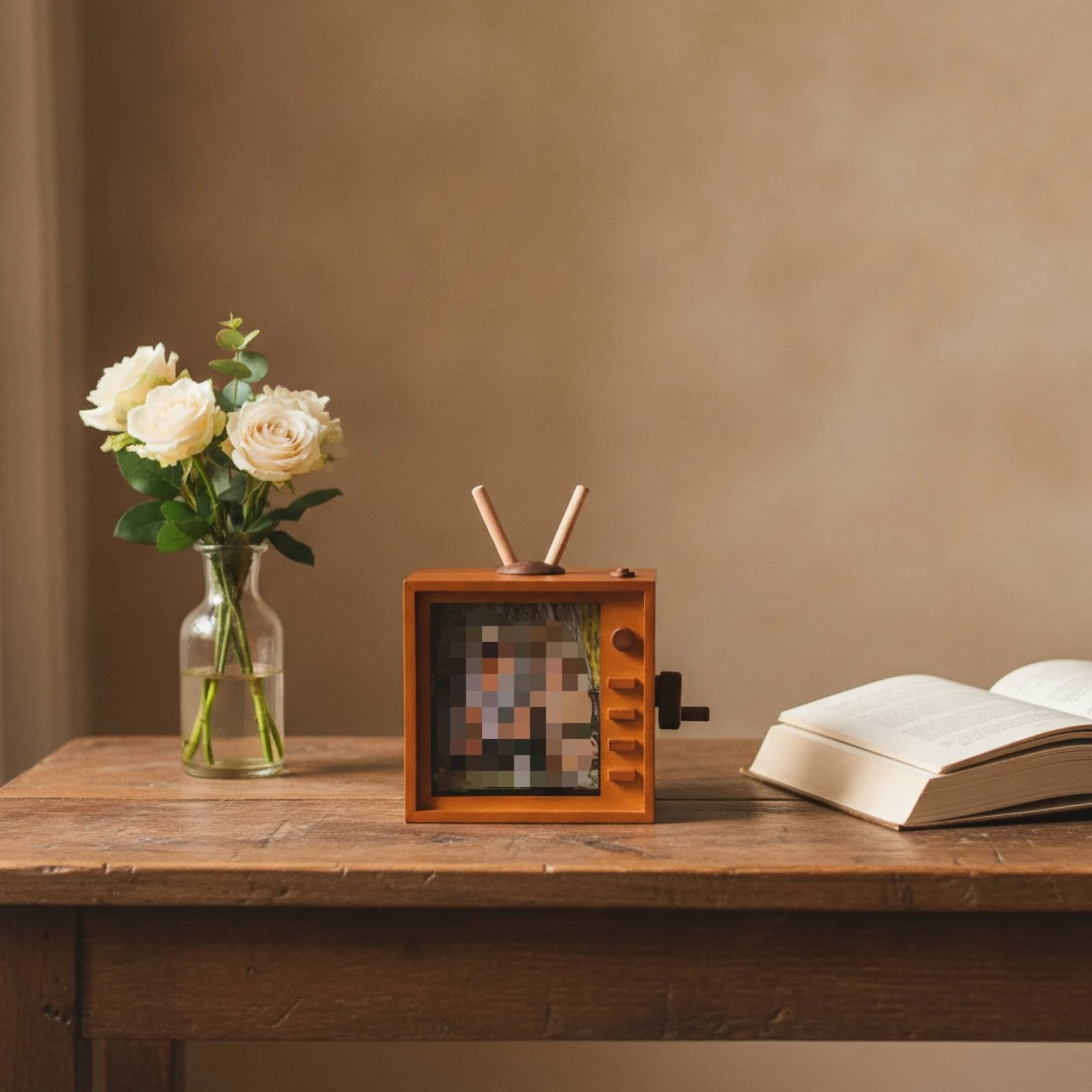 Retro TV Photo Frame Nostalgic Wooden Photo Display with Hand Crank Decor Mechanical for Couples, Desk, Bedside Table