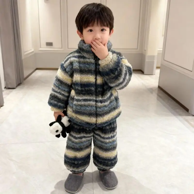 Boys Winter Pajamas Set Korean Style Three Layer Fleece Lined Thickened Thermal Warm Fashionable Cozy Homewear Loungewear Kids