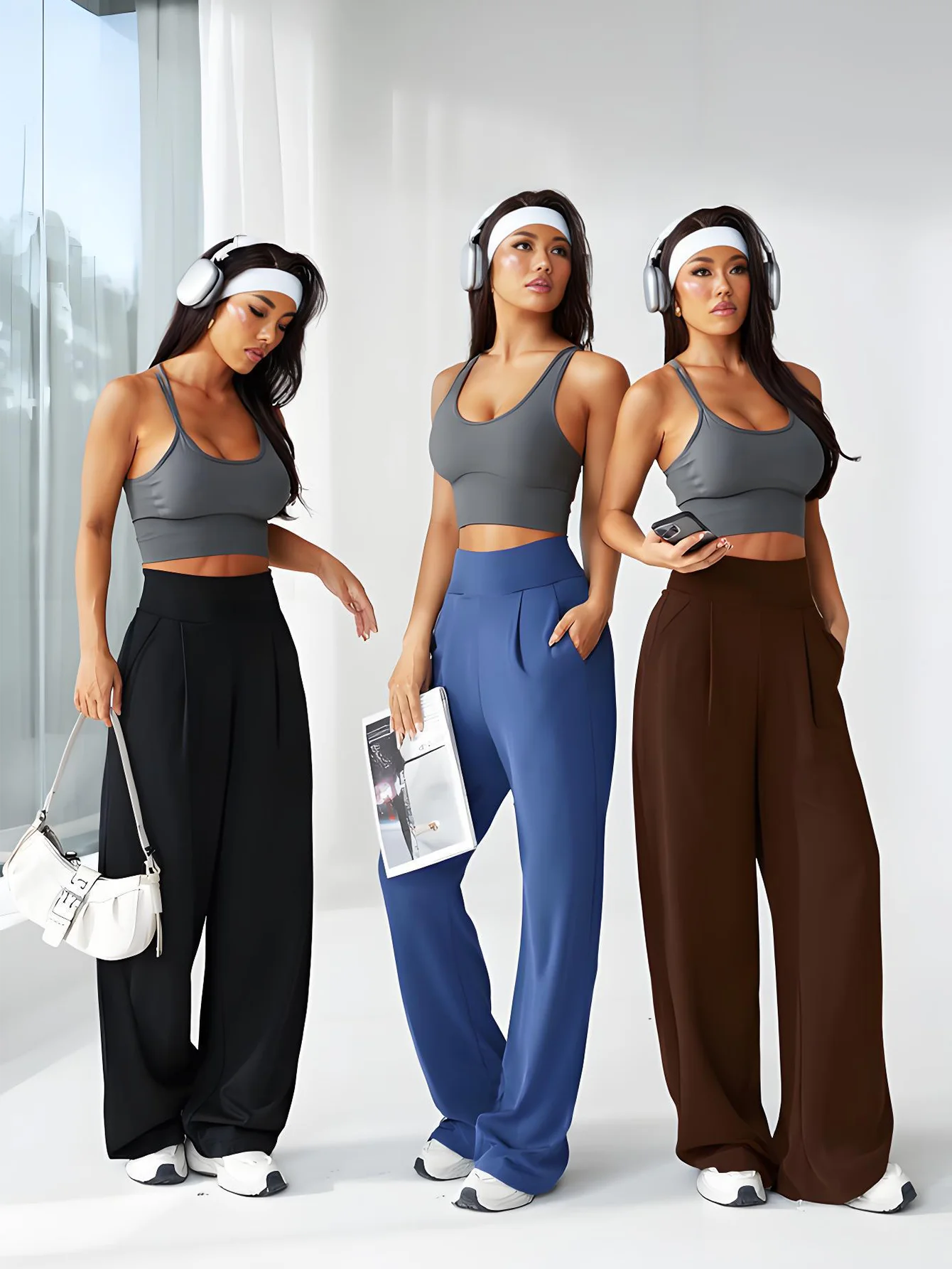 العصرية الشتاء الصوف مبطن واسعة الساق السراويل ث/جيب عالية الخصر السراويل الدافئة المرأة السراويل/الملابس السراويل واسعة ملابس امرأة