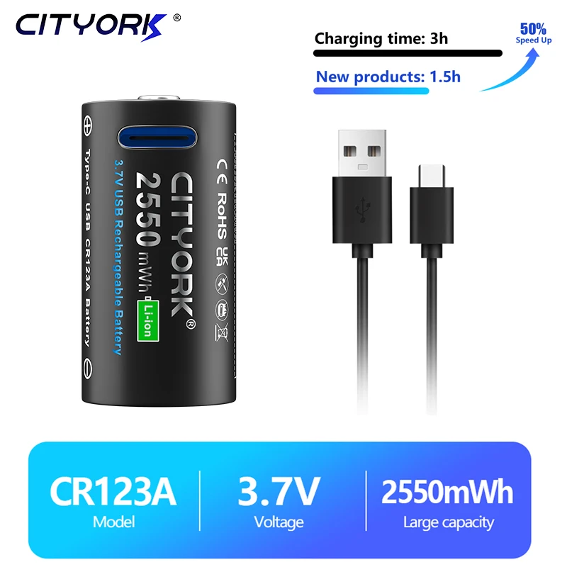 

CITTORK 3.7V CR123A Battery 2550mWh 16340 Rechargeable Li-ion Batteries For LED Flashlight 16350 RCR123 Battery+USB Type-c Cable