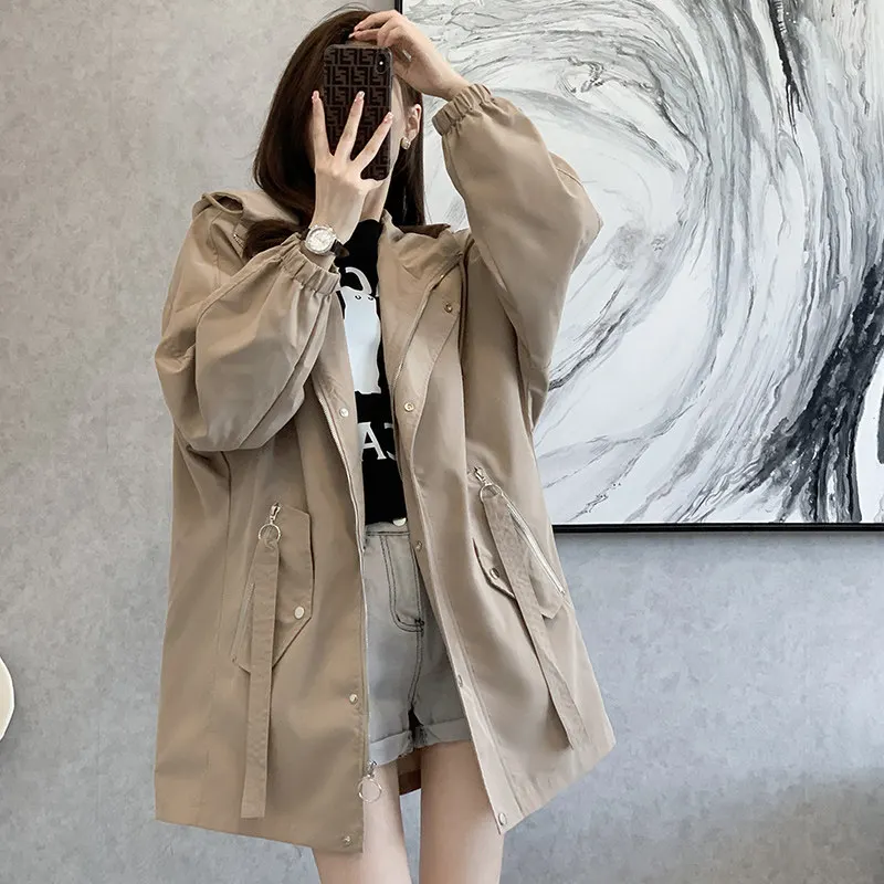 

SuperAen Fashion Mid-length Coat for Women England Style Oversized Waist Design Spring and Autumn New Solid Coats