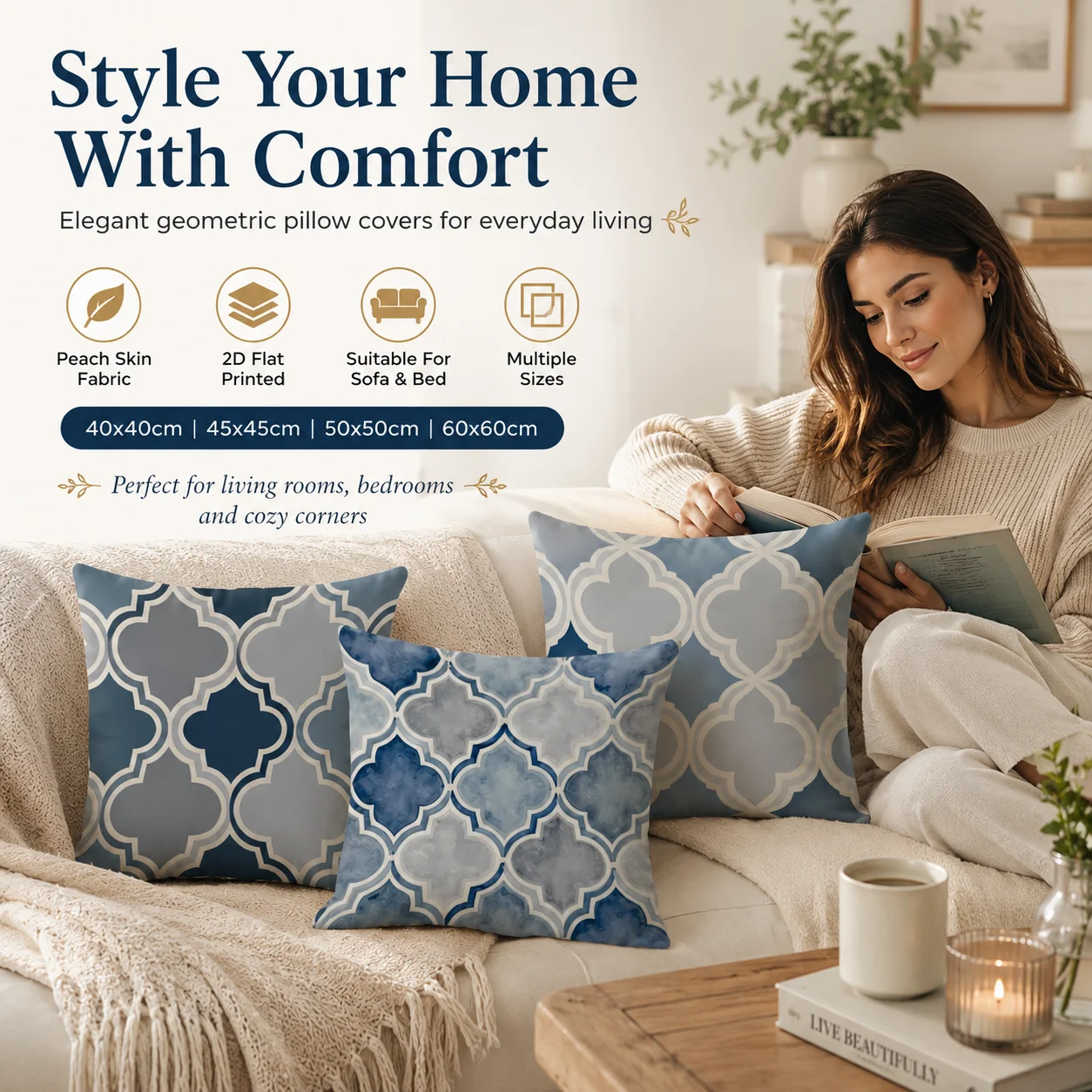 Watercolor Blue Geometric Cushion Cover 2D Flat Printed Peach Skin Pillowcase for Couch Chair Bed Sofa Home Decoration