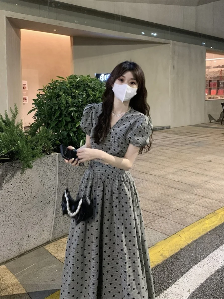 

Summer Polka Dot High Waist ort Sve Bubble Sve Top And Long Skirt Two Piece Set Women's Faion High Waist Dr