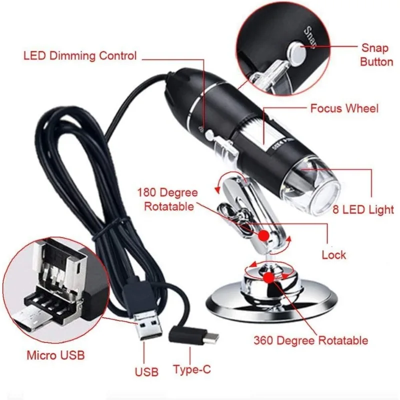 USB Digital Microscope 50X to 1600X, 8 LED Magnification Endoscope Camera with Metal Stand, With USB+Micro+Type-C For windows