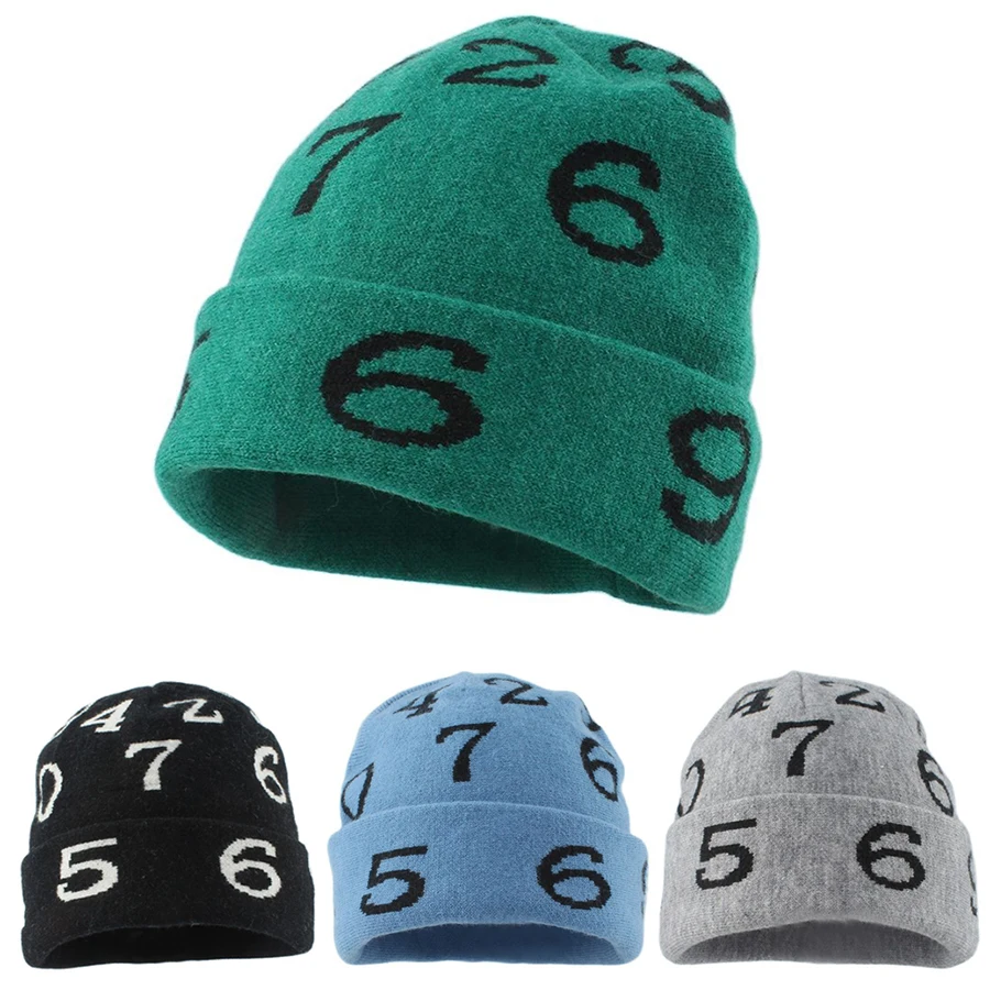 

korean Winter Knitted Hats Skullies Beanies For Women Warm Kpop Fashion Wool Skull Cap Number Jacquard Weave Harajuku Beanie