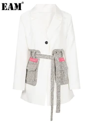 EAM-Blazer ceinturé en tweed blanc pour femme avec poche, veste couvertes adt à revers, manches longues, mode marée, printemps, automne, nouveau, 1DE989100, 2024