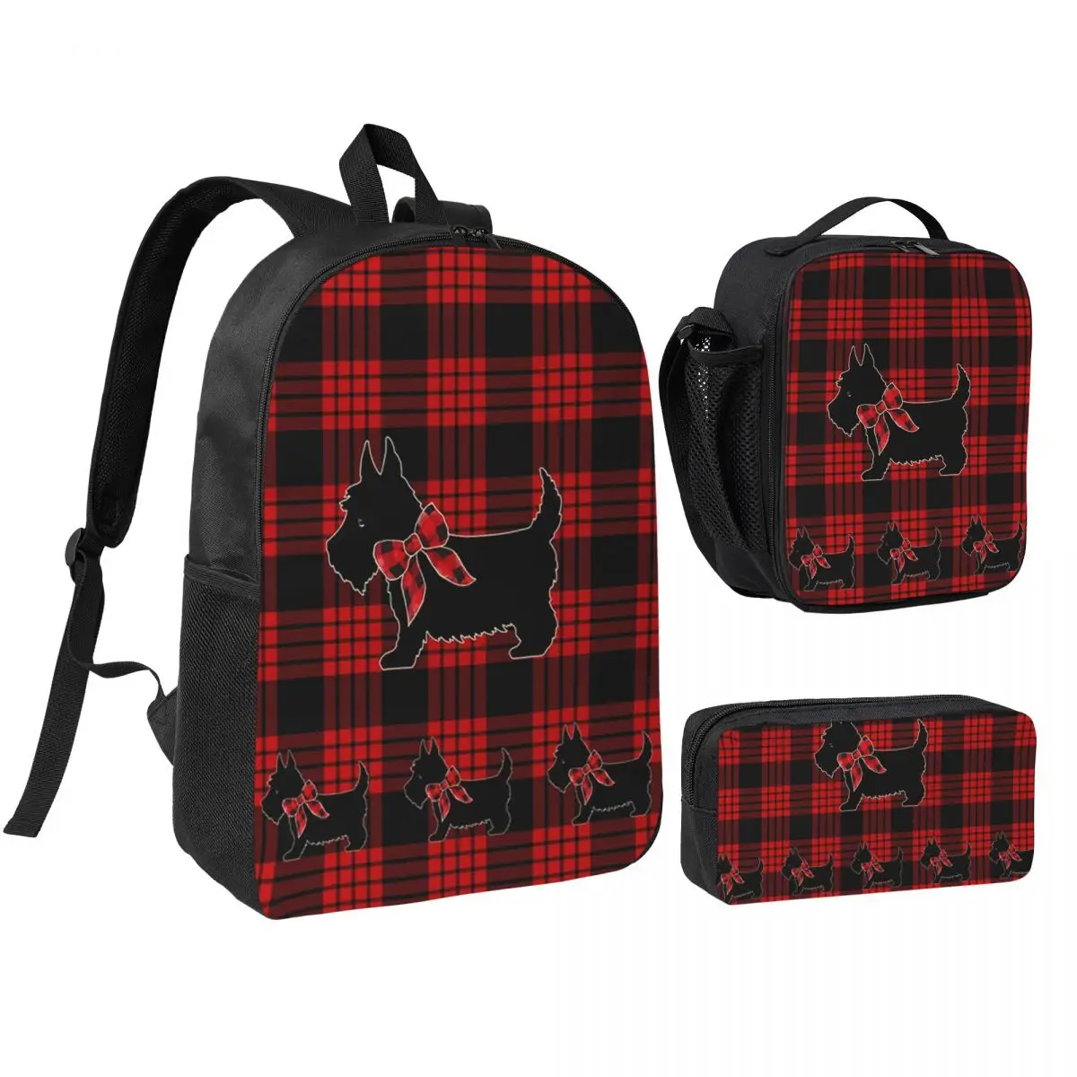 Black Scottie Dog Plaid Tartan Scottish Terrier Backpack BookBag School Bag Shoulder Bags 3ps Insulated Lunch Bag Pencil Case