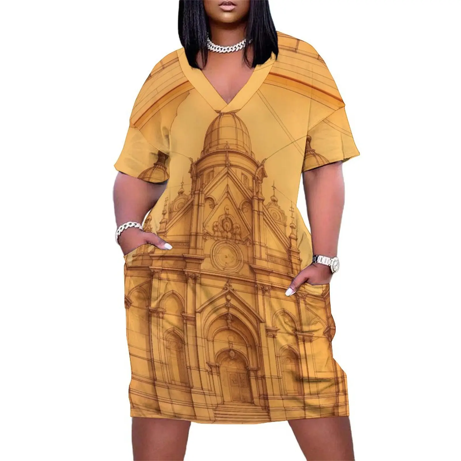 

Cityscape With Cathedral Inspired by Leonardo Da Vinci Loose Pocket Dress Dance dresses women dresses