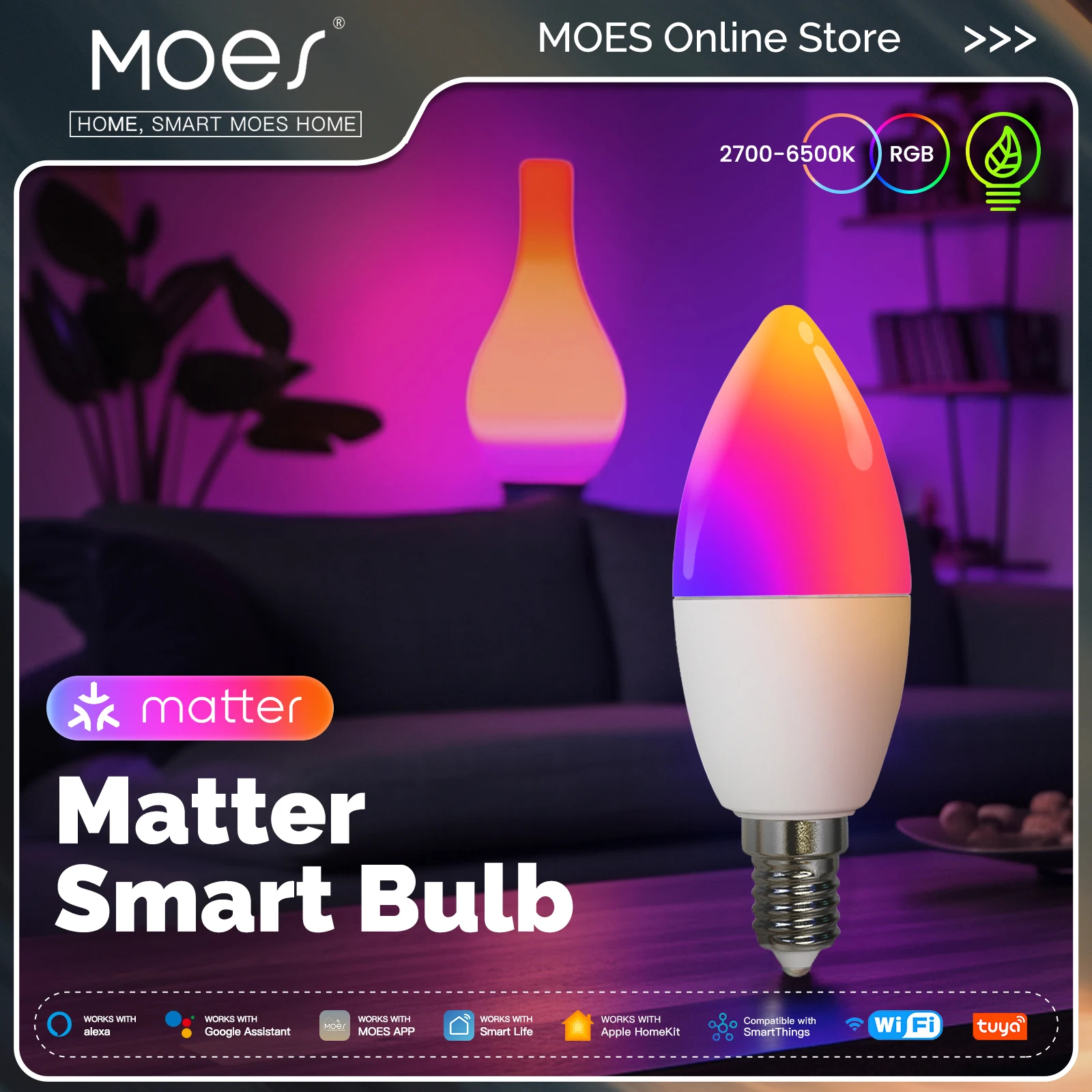 Smart WiFi Light Bulb, Dimmable LED, RGB Candle Light with App Remote Control, 16 Million Colors, Matter Graffiti