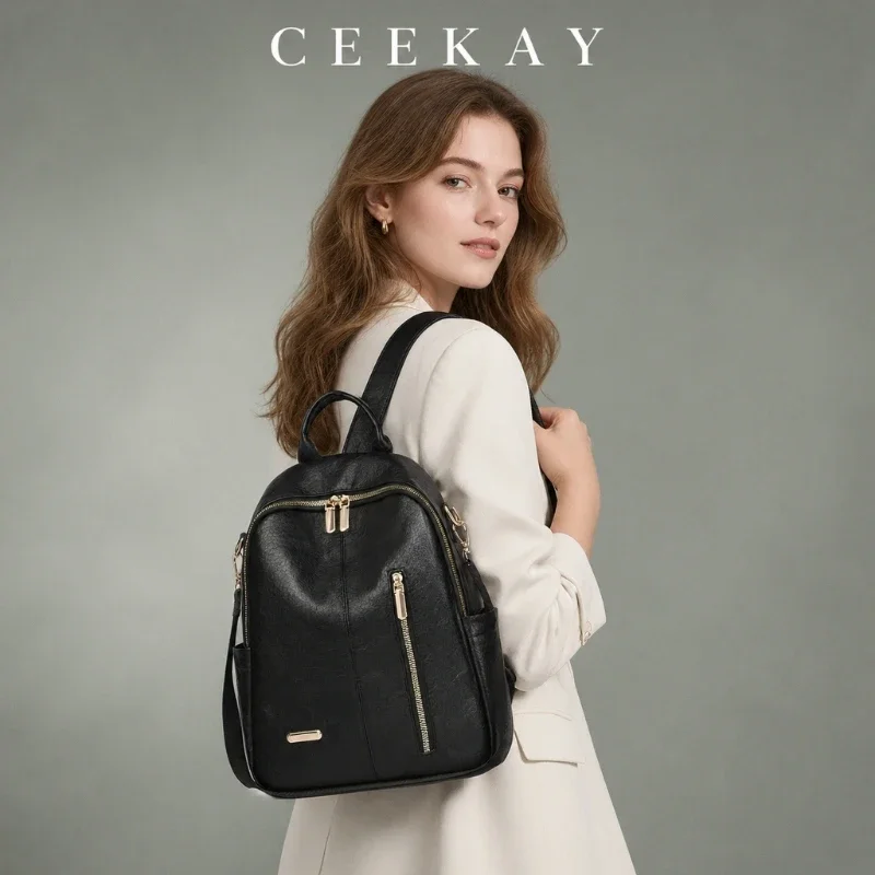 CEEKAY Pebbled Leather Backpack Twin Strap Zip Pocket Gold Accent All-Match Daily Wear Roomy Elegant Classic Bag for Women