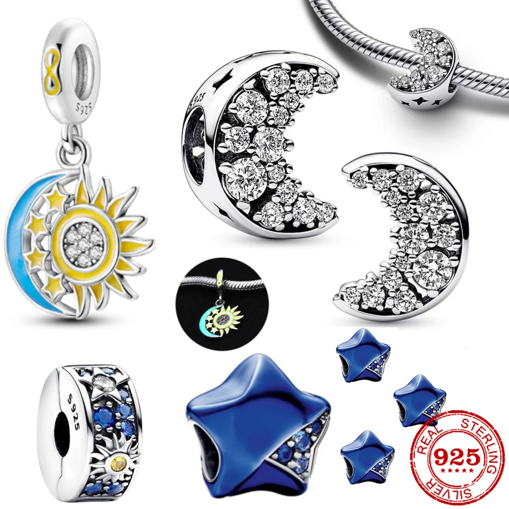 

New 925 Sterling Silver Luminous sun, moon and star Pendant Charm Bead fit Original Pandora Bracelet Trinket DIY Women Jewelry