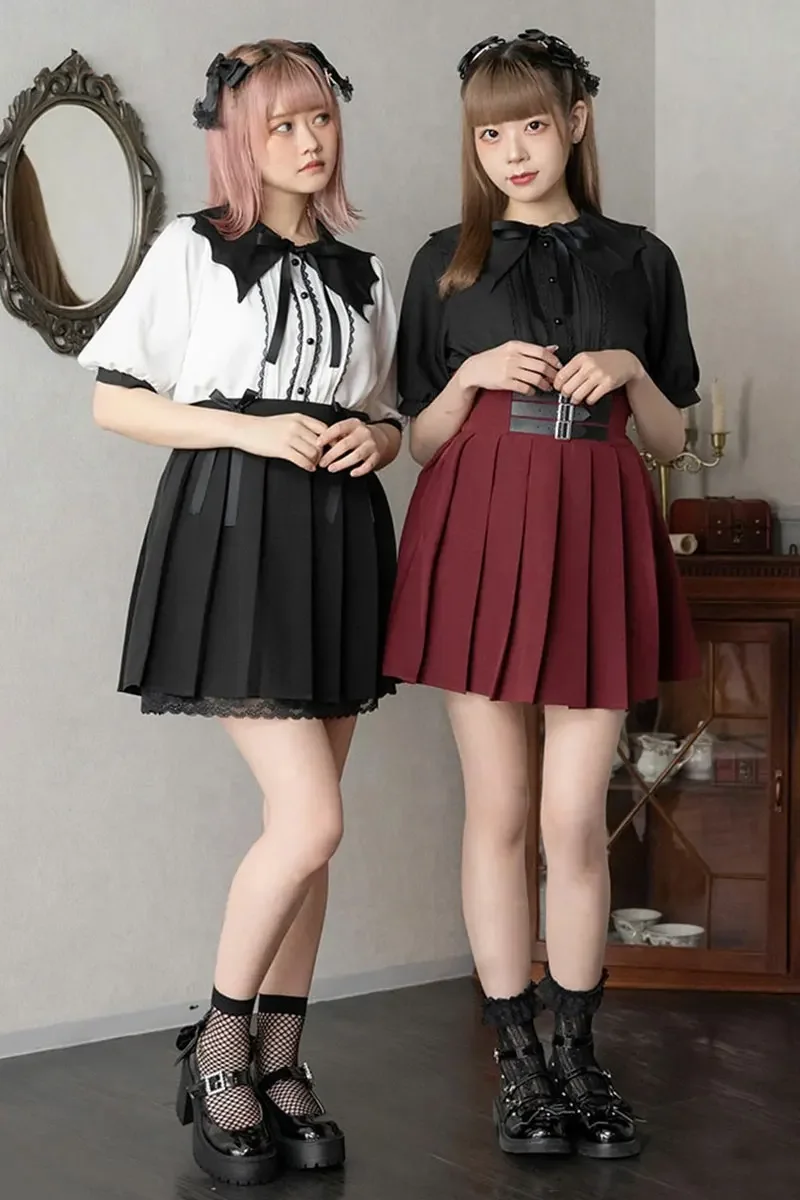 Japanese Style Mine Series Bat Collar Bow Elegant Short Sleeve Shirt Lolita Summer Women Top Summer Fashion Casual Blouse Female