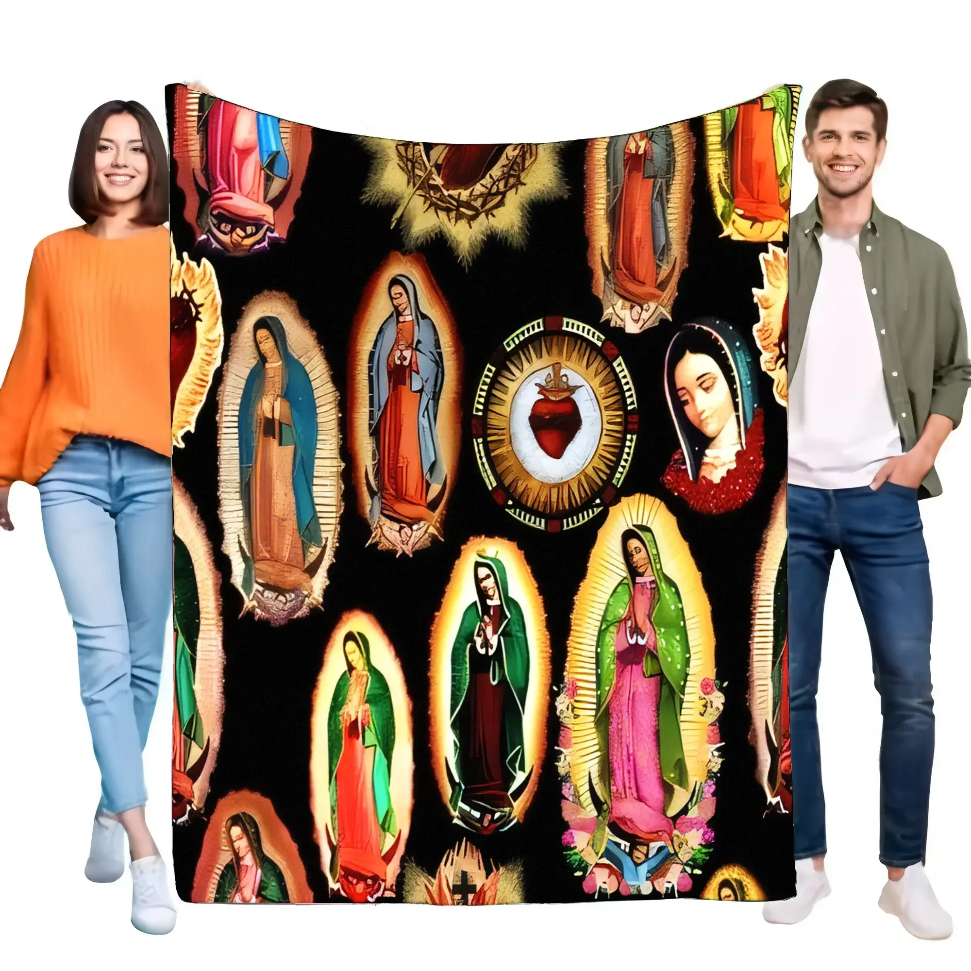 Vintage Virgen de Guadalupe Blanket Cozy Soft Throw with Colorful Religious Art for Home Decor and Gift Giving