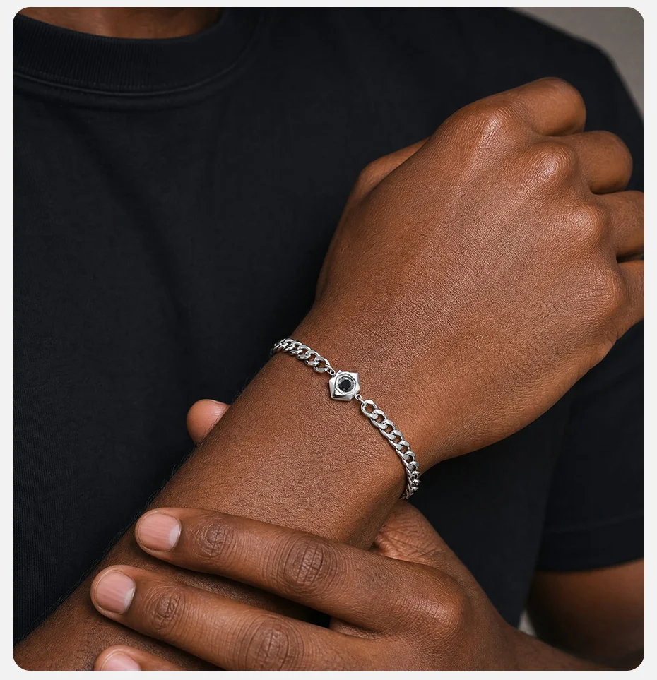 Vnox Herren-Schmuckset aus Edelstahl, Hexagon-Halskette mit schwarzem Zirkon und Armband mit Panzerkette, Punk-Hip-Hop-Männer-Accessoire, Geschenk – Detail 3