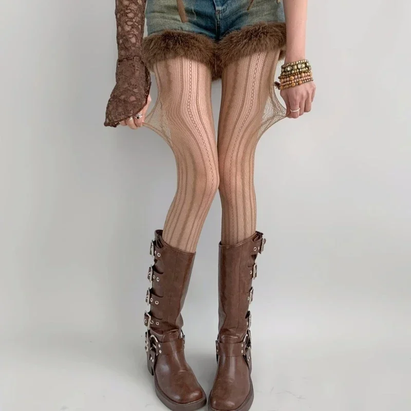 

Women Vintage Solid Fishnet Lace Pattern Tights Stockings Hollowed Rhombus Striped Geometric Jacquard Pantyhose Leggings