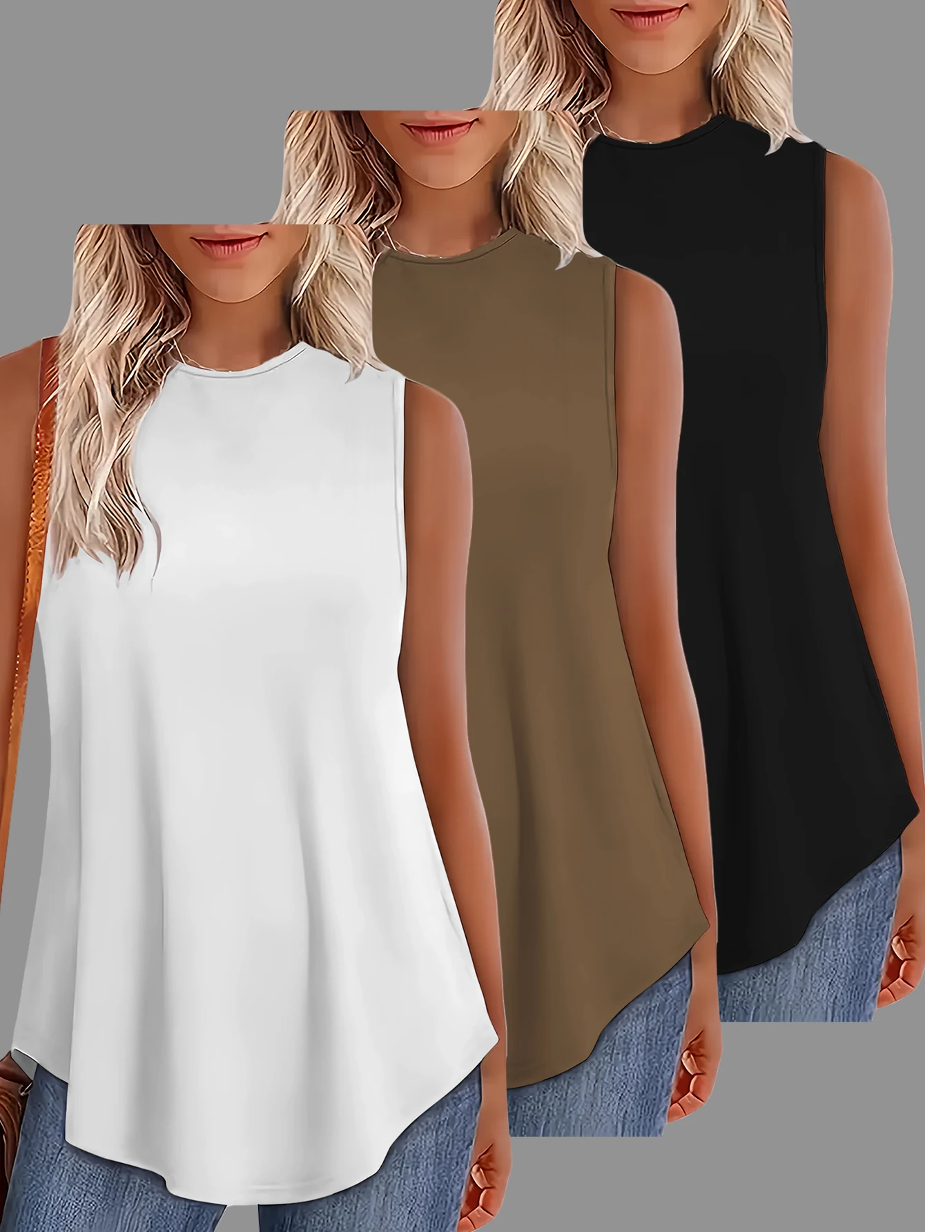 

Комплект из 3 предметов, женский однотонный повседневный жилет без рукавов с круглым вырезом, свободный крой, удобный для всех сезонов