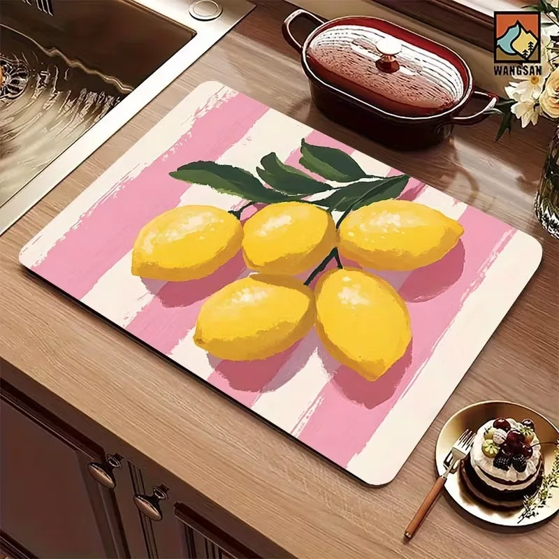 Fresh Lemon Dish Drying Mat Cute Pink Striped Kitchen Counter Mat Fruit Coffee Bar Pad Absorbent Table Place Mat Decor