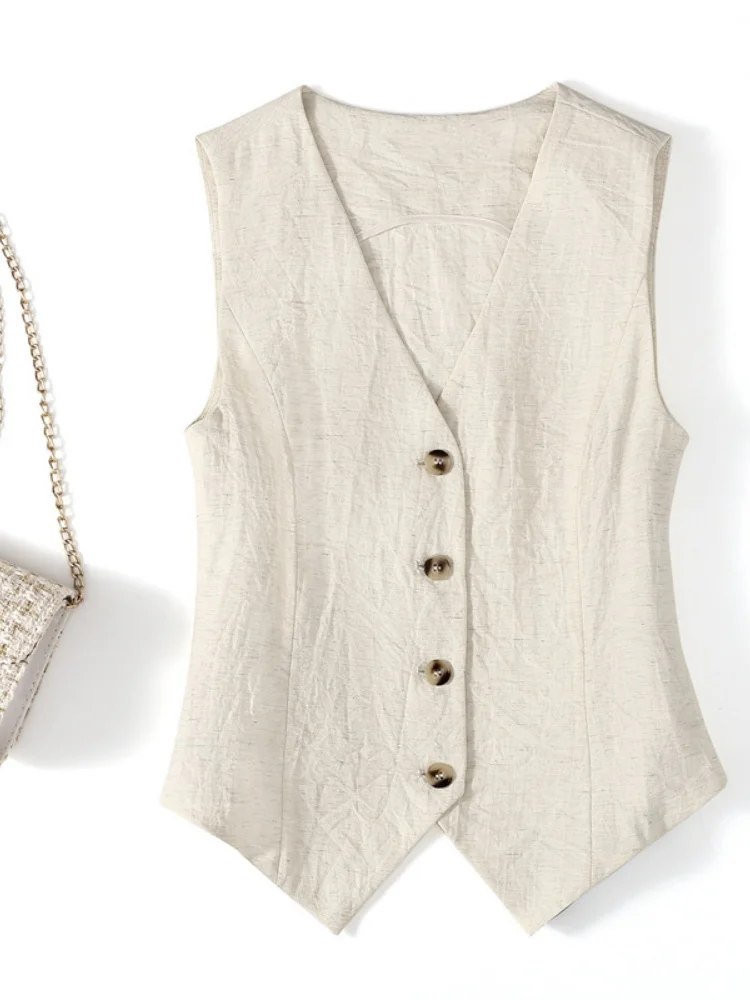 

Fashionable new linen vest thin women's vest high-end slim fit short sleeveless suit V-neck camisole jacket