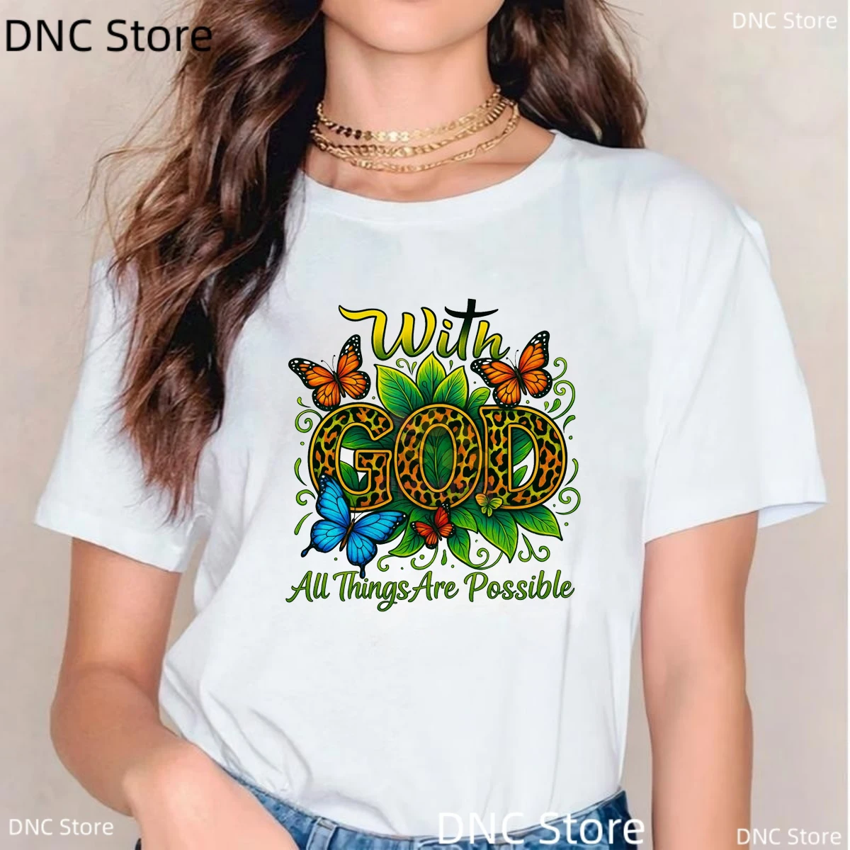 With God All Things Are Possible Pattern Print Tshirt Women Leopard Print And Butterfly |Nature And Faith Inspirational Art Tees