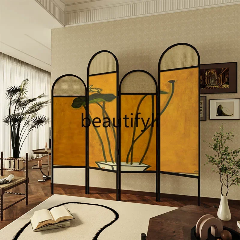 

French oil painting lotus screen partition entry living room entrance cover dining room household solid wood folding scree