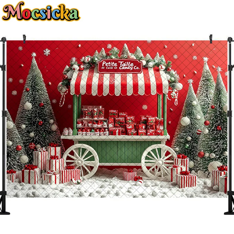 Mocsicka fondo de fotografía, carrito de tienda de dulces, árbol de Navidad, decoración de vacaciones, fondos de fotos para niños, accesorios de estudio