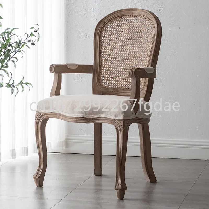 Solid Wood Retro Home Furnishings,Dining Chairs,Coffee Shop Backrests, Rattan Backrests, American Minimalist Rural Makeup Chairs