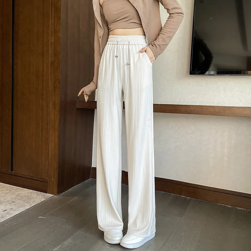 

plus Size Ice Silk Wide Leg Pants High Waist Conceal Meat Summer Simple Casual Pure Color Loose Fit Trousers for plus Size Women