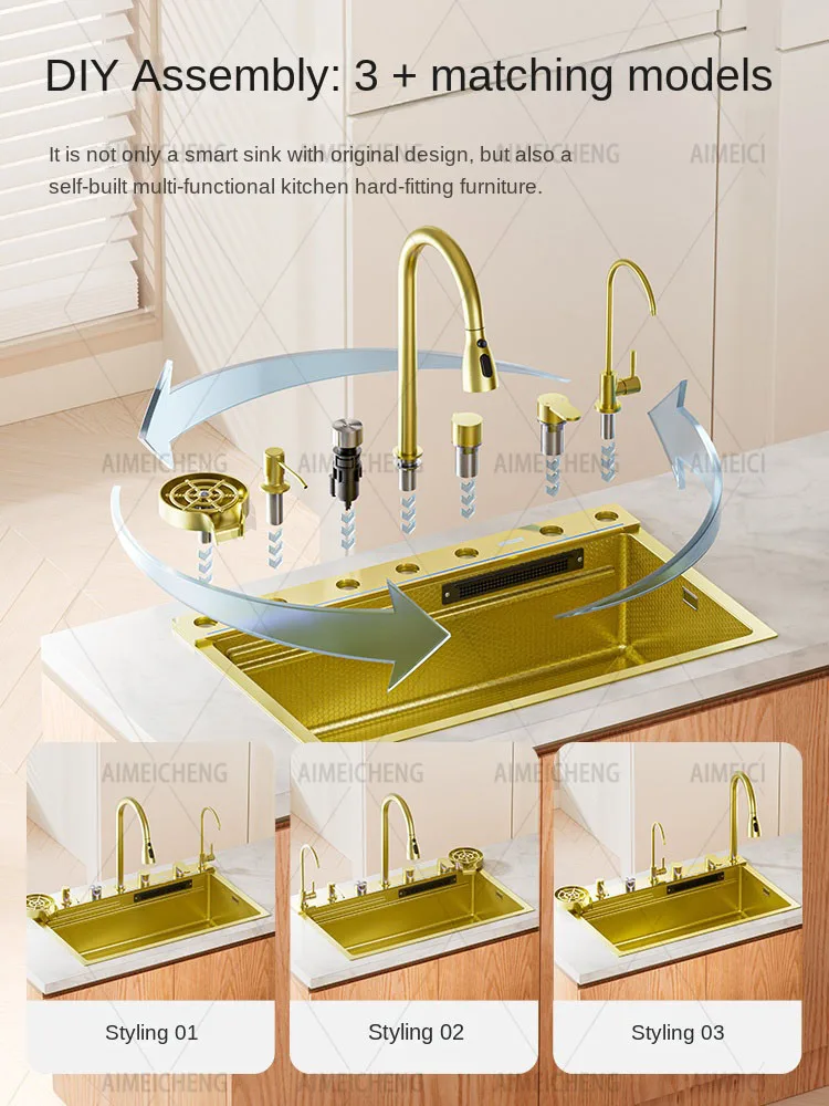 Smart Golden Luxury 304 Stainless Steel Nano Waterfall Rainfall Honeycomb Piano Key Luxury Kitchen Sink