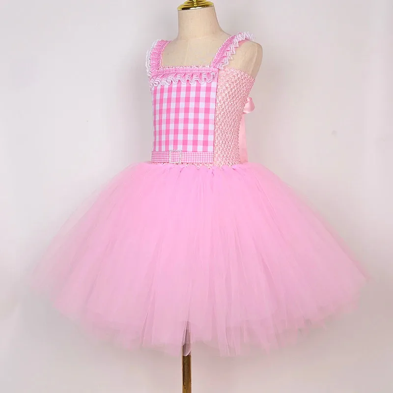 Vestido tutú de ballet Barbi a cuadros de color rosa para niñas, disfraces de fiesta de cumpleaños para niños, traje de princesa de Navidad y Año Nuevo con lazo