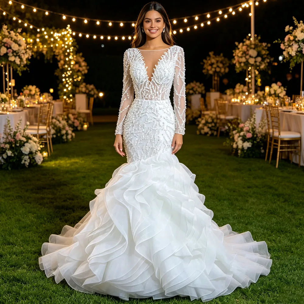 Charming O Neck Long Sleeves Lace Up Back Wedding Dress Beading Pearls Ruffles Bridal Dress