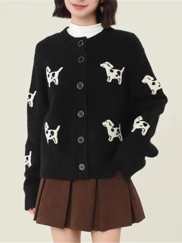Cartoon Jacquard O Neck Long Sleeve Single Breasted Loose All Match Knitted Sweater Women Jumpers