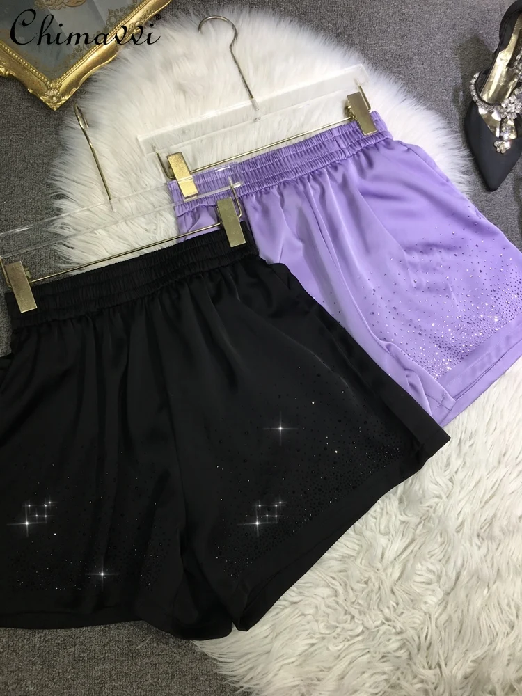 

European Heavy Hot Diamond Shorts Women's Light Breathable Wide-leg Hot Pants Summer New Fashion High-waisted Slim Short Pants
