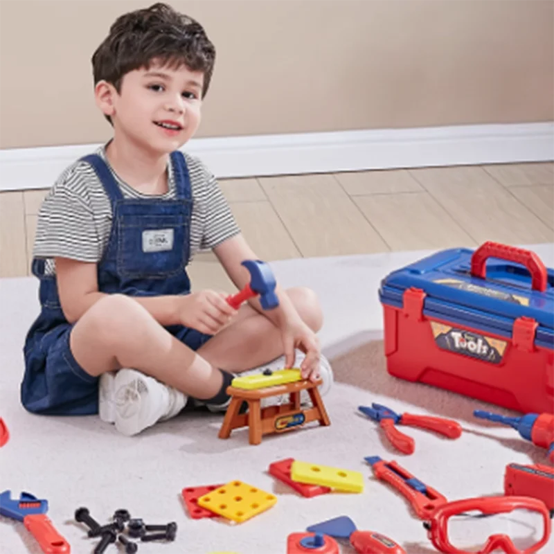 ชุดกล่องเครื่องมือของเล่นบ้านเล่น ไขควงเด็ก สว่านไฟฟ้า เลื่อยลูกโซ่ เครื่องมือจําลองการซ่อม ของเล่นเด็ก