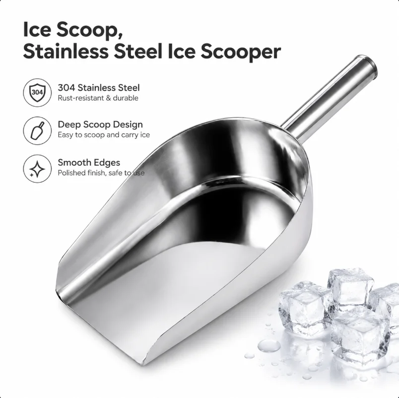 Multi-Purpose Ice Scoop Stainless Steel Food Flour Grain Shovel with Ergonomic Handle Practical for Kitchen Bar Restaurant Use