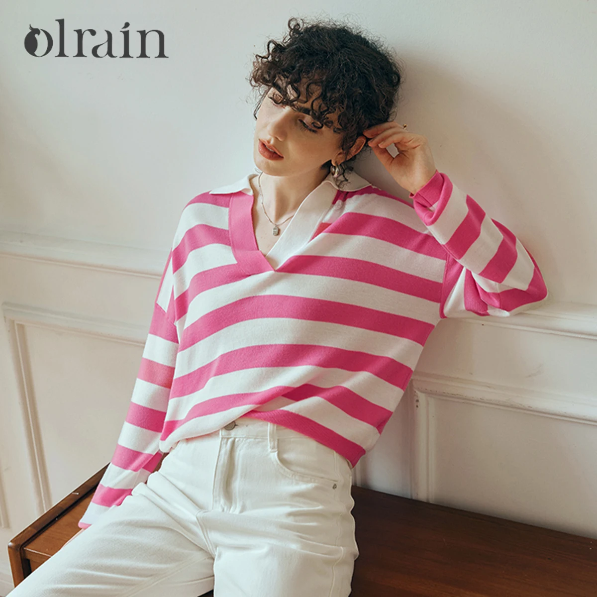 

OLrain Striped Polo Knit Tops Women Autumn 2026 White Contrast Loose Drop Shoulder Pullover Early Casual Jumpers O23QZ80265
