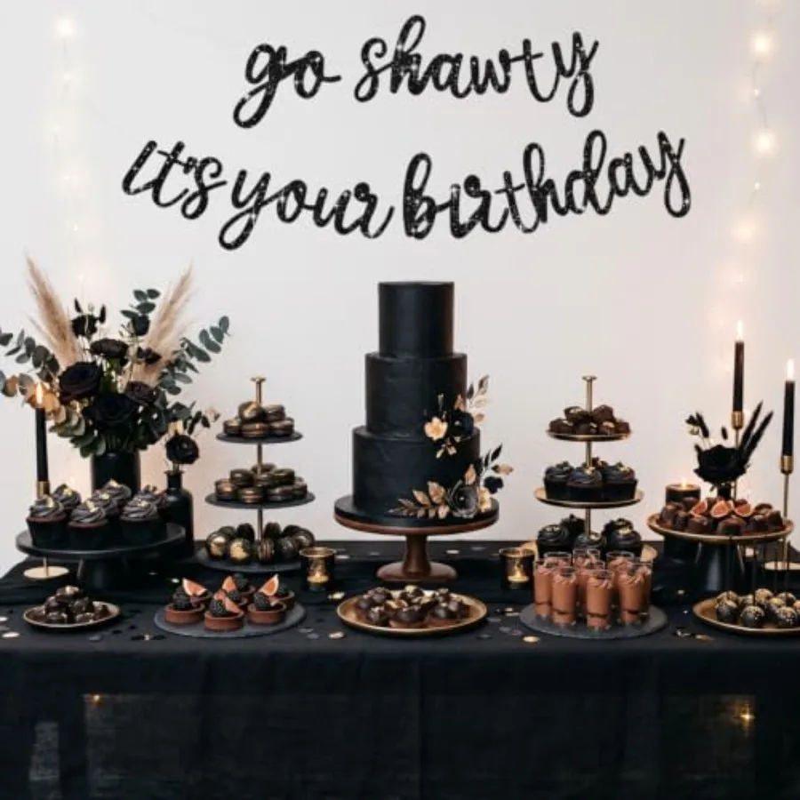 Glitter Black Pre-Strung Go Shawty It's Your Birthday Banner Decor NO DIY,birthday decorations for women,Hip Hop Rap Theme Sign
