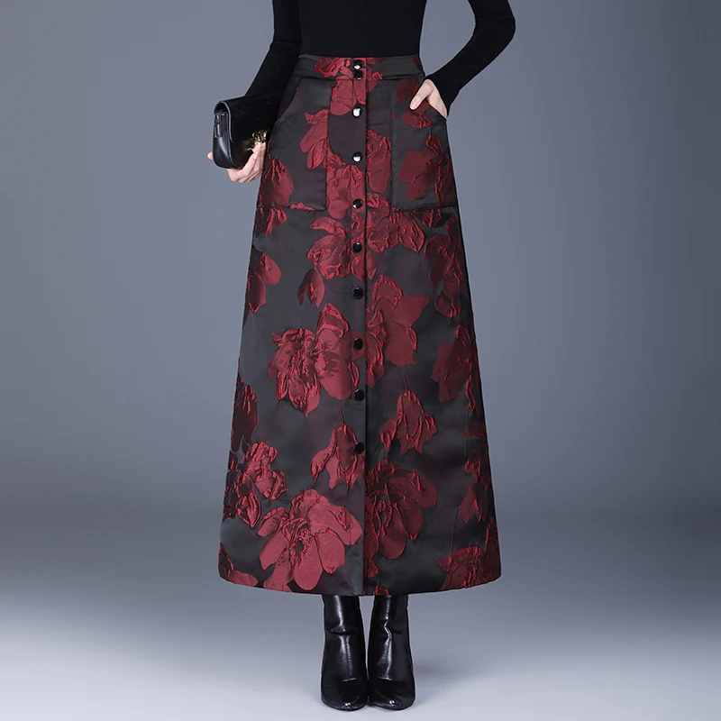 Thickened Warmth A-Line Half Skirt National Style Embroidery High Waist Long Women's Fashion Casual Spring Autumn Winter