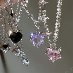 Kiss Jewelry Luxury Y2K Crystal Heart Pendant Necklace Women Sweet Cool Kpop Shiny Clavicle Chain Aesthetic Party Jewelry 2023