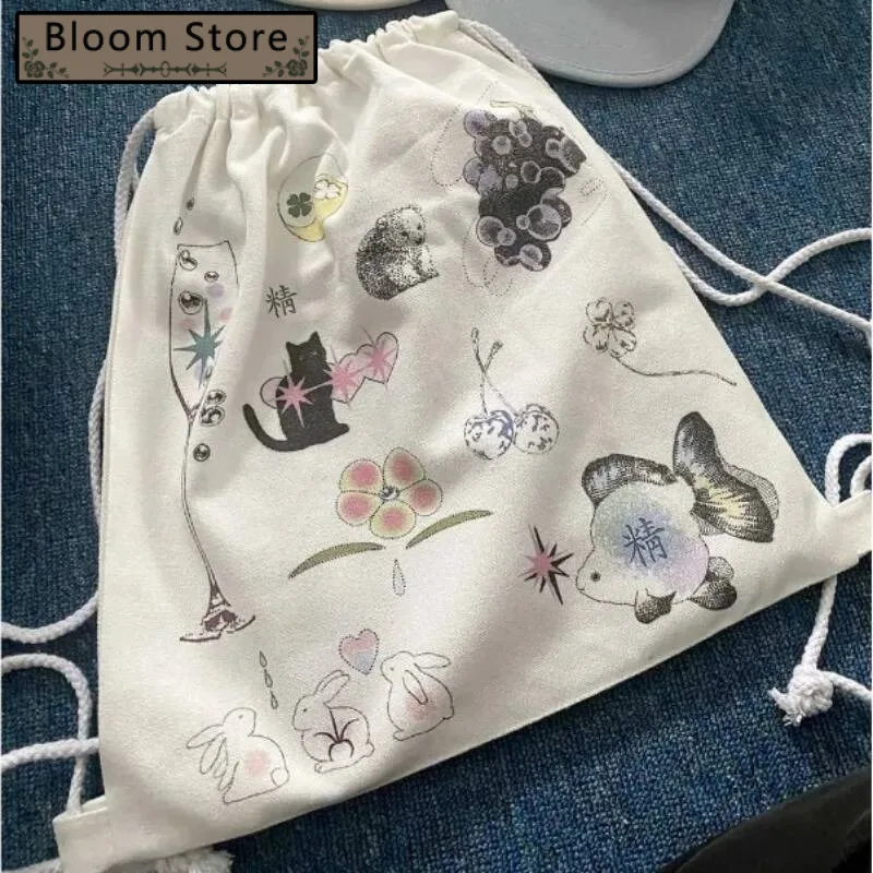 

Cartoon Kawaii Cat Print Preppy Sweet Schoolbags Drawstring Women Students Canvas Bags Streetwear All Match Trendy Backpacks Y2k