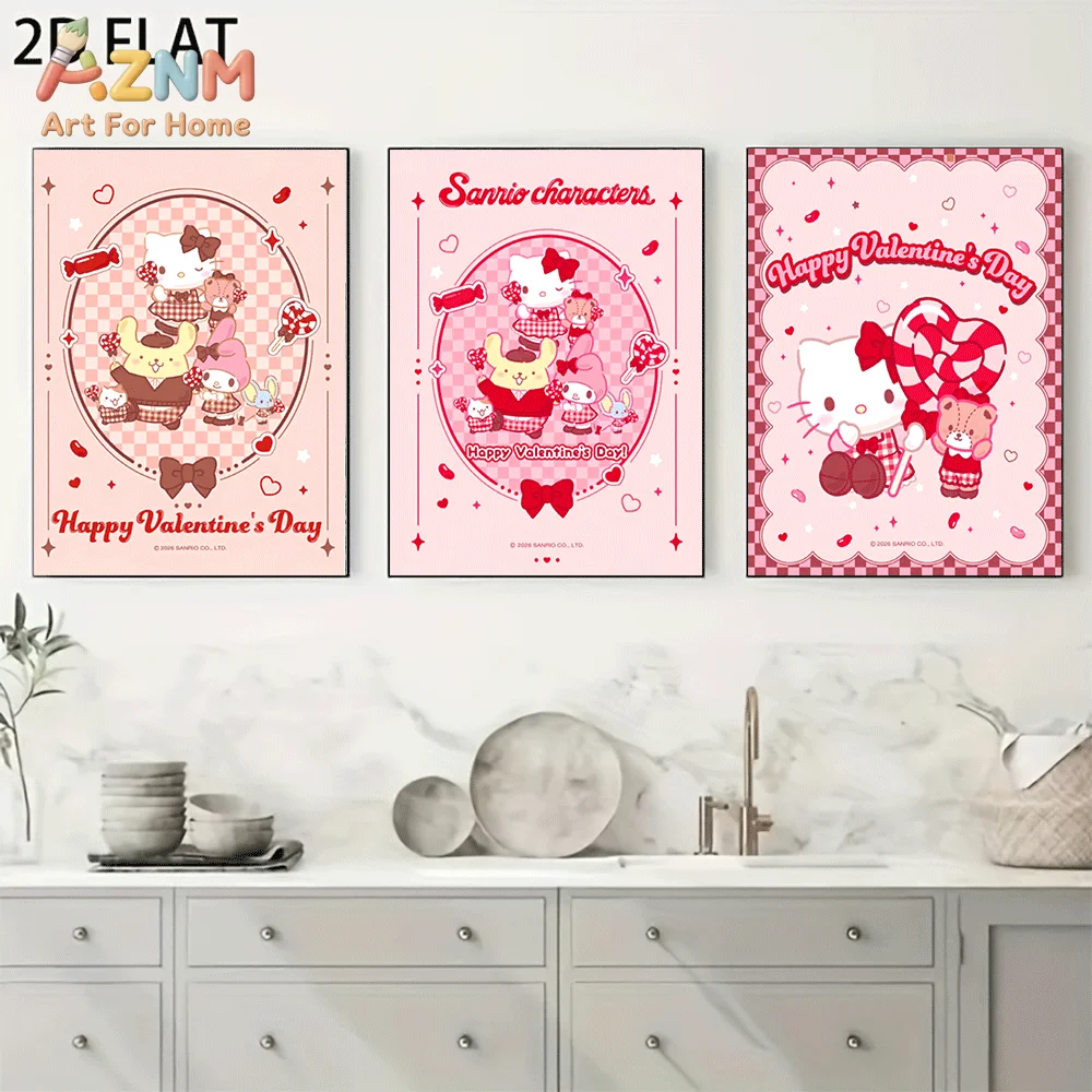 AZNM Sanrio Characters Canvas Wall Art Unframed Cute Cartoon Print Poster Happy Valentines Day Heart Candy Checkered Pink Bow De