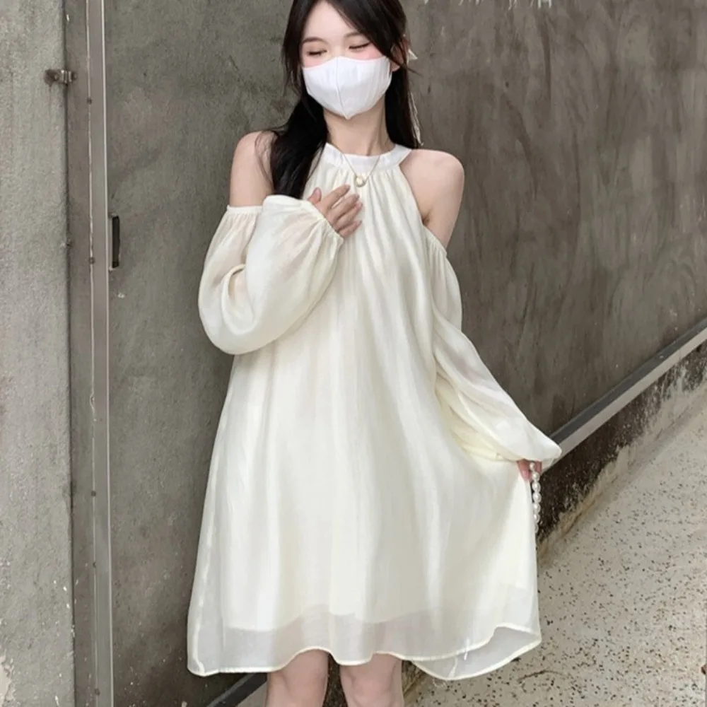 

A-line Off Shoulder Halter Dress Beachwear Hanging Neck Lace-up Short Skirts Off Shoulder Sweet Girl Style Dresses Women Girls