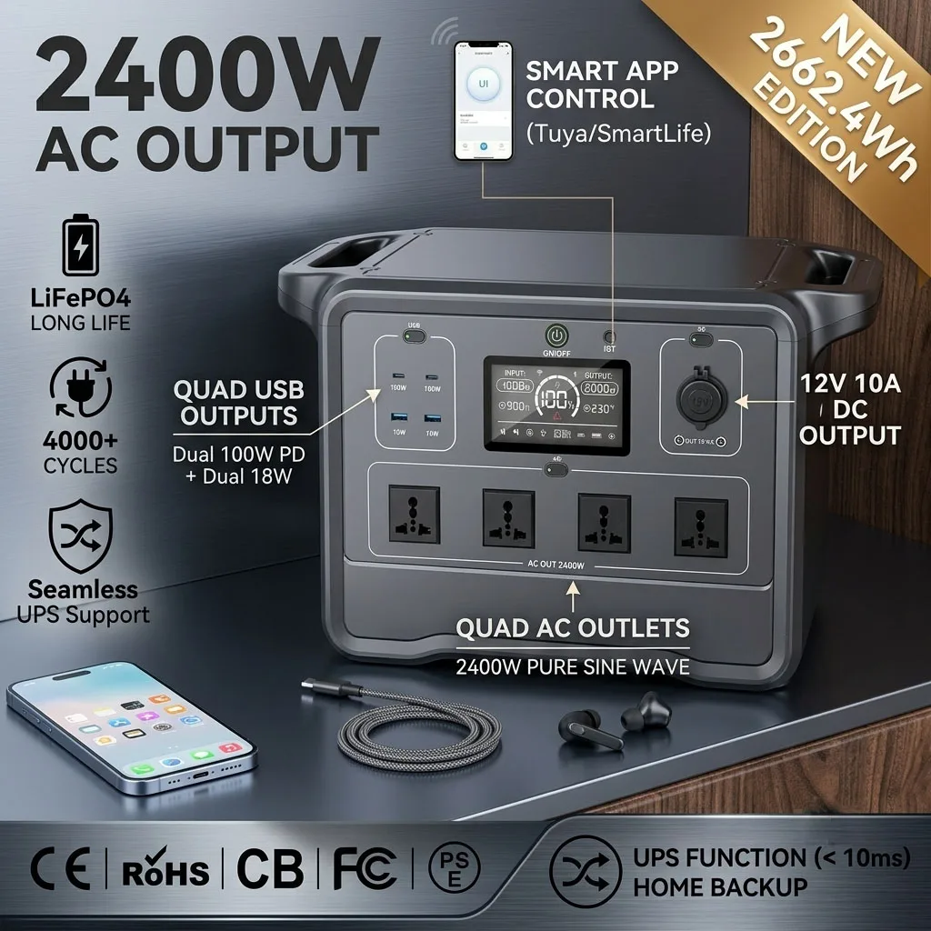 2400W Portable Power Station LiFePO4 Smart App UPS Solar Generator for Home Outdoor Backup 150W 300W 1200W 2000W 3KW 5KW 6KW