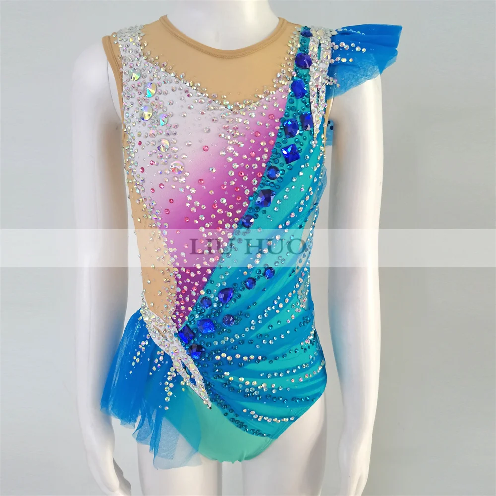 Liuhuo personalizar feminino menina traje desempenho ginástica rítmica collants competição patinação no gelo vestido azul cheerleading