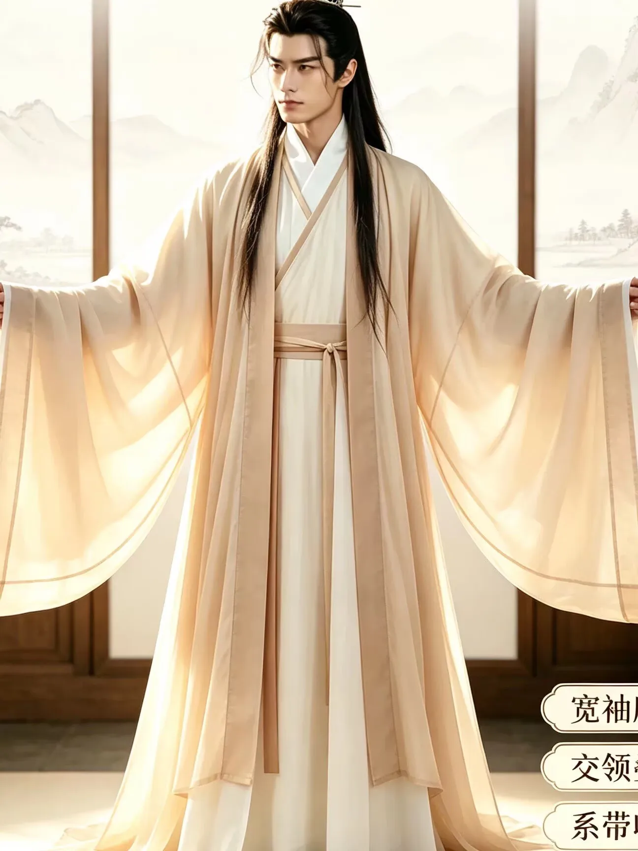 Men Song Dynasty Beige Hanfu Set Wide Sleeve Outer Robe Cross‑Collar Inner Top Pleated Skirt Ancient Chinese Scholar Costume