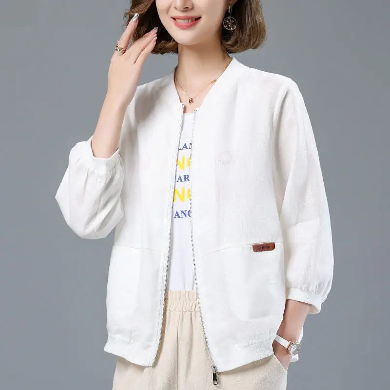 Women Korean Simple Casual Loose Baseball Jackets Autumn Solid 3/4 Sleeve Pockets Zipper Cardigan Coats Female Cotton Linen Tops