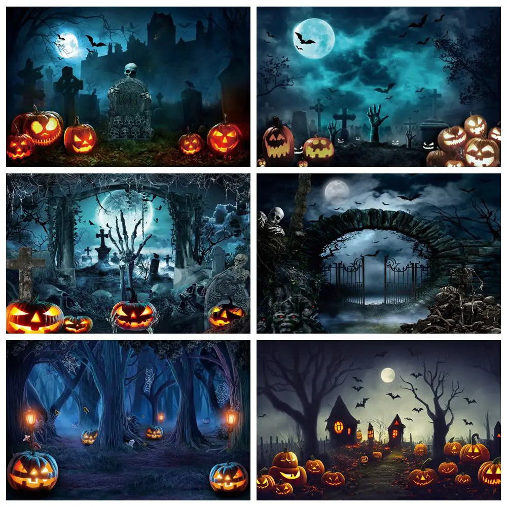 

Halloween Backdrop Horror Night Forest Cemetery Tombstone Skull Pumpkin Lantern Crow Castle Hallow Party Photography Background